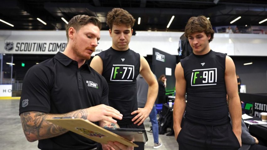 BUFFALO, NEW YORK – JUNE 7: Michael Misa #77 and Brady Martin #90 have receive instructions for testing from staff during the 2025 NHL Scouting Combine at the LECOM Harborcenter on June 7, 2025 in Buffalo, New York. (Photo by Bill Wippert/NHLI via Getty Images)